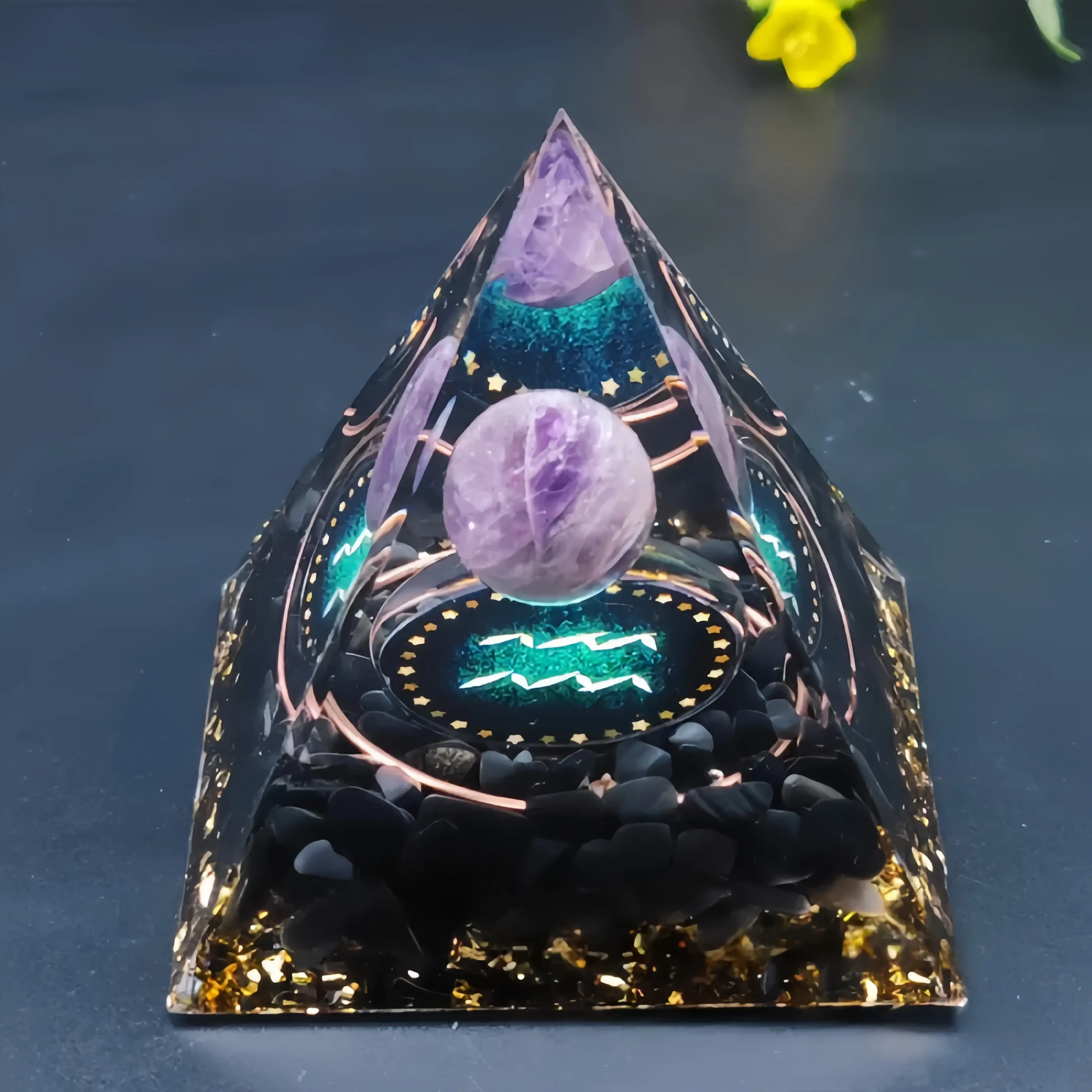 Orgone 12 Constellation Crystal Pyramid - Amethyst & Obsidian Mineral Art, Zodiac-Inspired Desk Focus Decor, Resin Craft, 3D Star Fidget Item, Soft Flame Lighter, Meditation Tool, Aura Protection, Balances Energy Flow, Approx. 1.96 x 1.96 inches