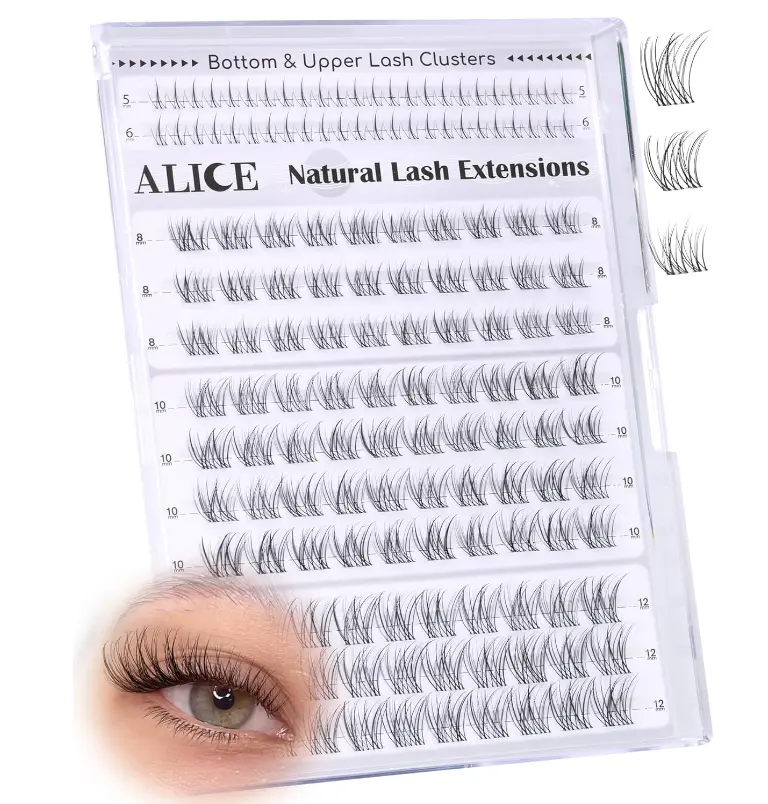 ALICE Natural Short Lash Clusters 8-12mm Eyelash Clusters Wispy Cluster Eyelash Extensions Clear Band Individual Lashes with 5-6mm Bottom Lashes