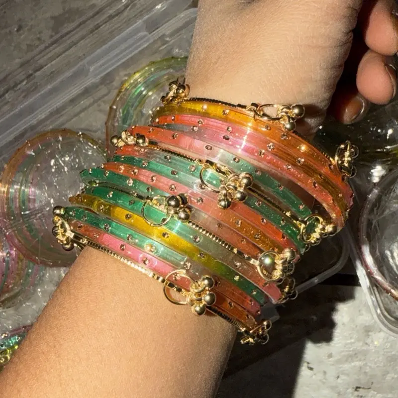 Kashmiri Glass Bangles Set - 4pcs with 12pcs Bangles, Small Dangling Golden Accents, Elegant Minimalist, Fashionable Bracelet, Matching Couple Bracelet Set, Costume Jewelry Accessory