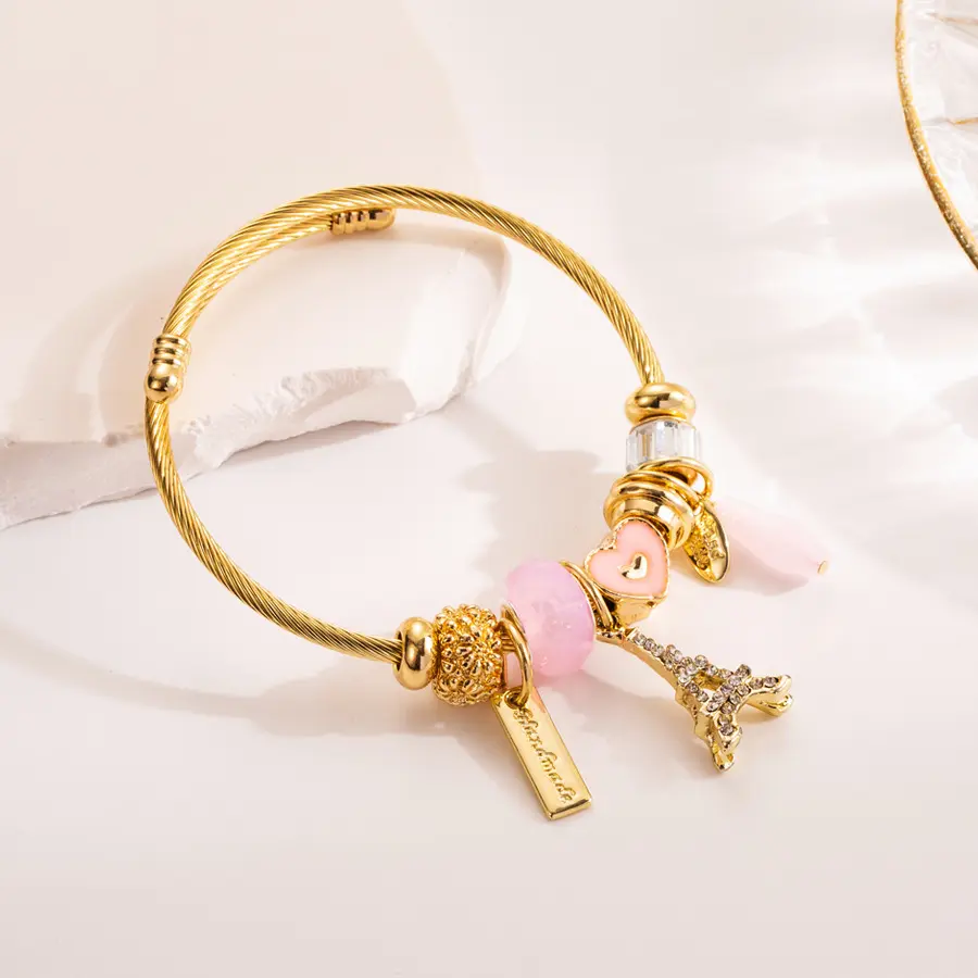 Paris Eiffel Tower Charm Bracelet, 18K Gold Plated Stainless Steel Cable Wire Open Cuff Bangle with Pink Heart for Women Gift