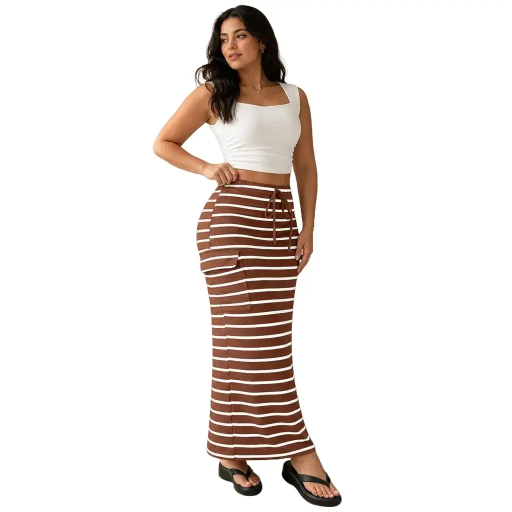 Women's Striped Cargo Maxi Skirt, High Waist Drawstring Elastic Long Skirt with Pockets, Casual Streetwear Bodycon Column Skirt