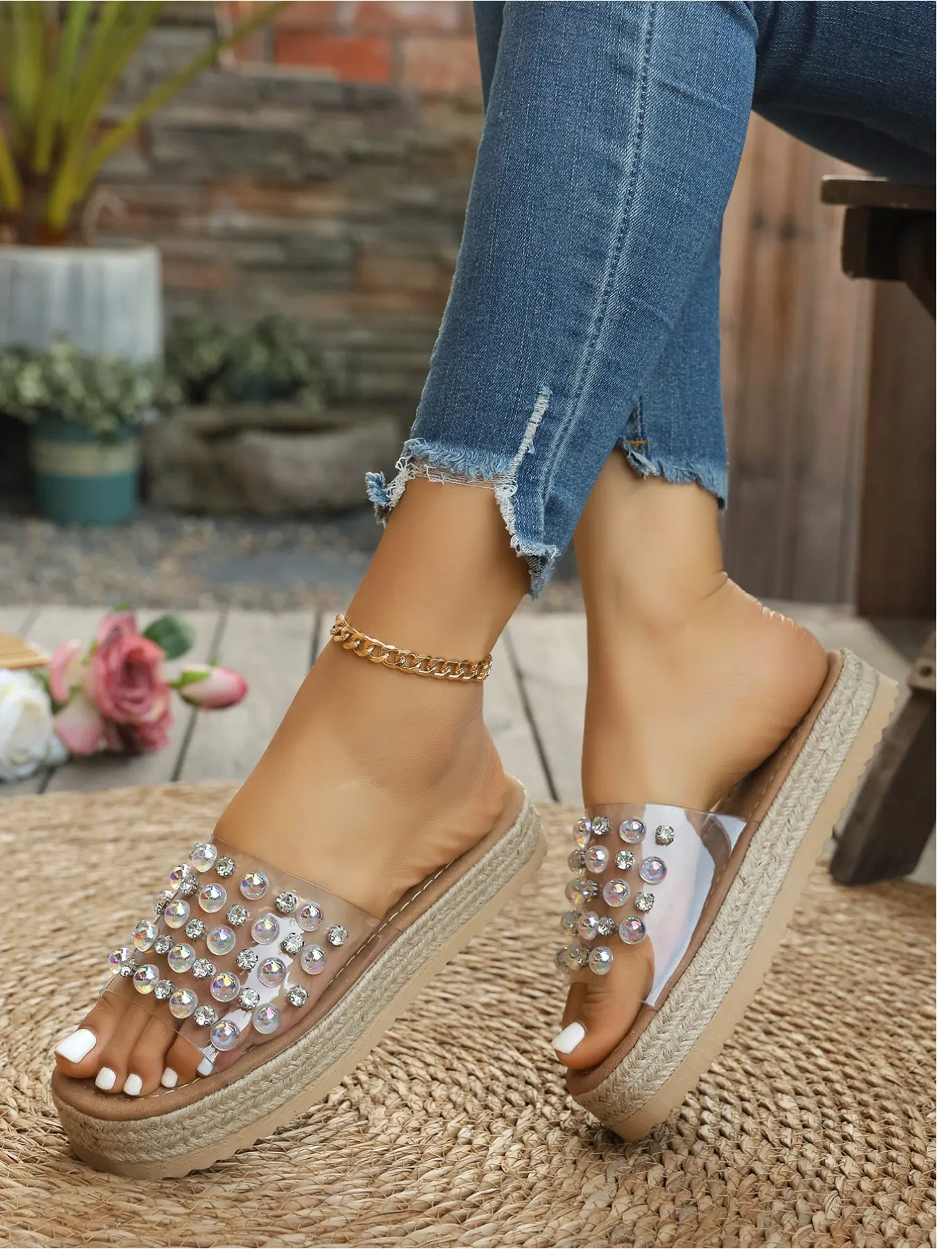 Women's thick-soled high-heeled sandals for summer, new rhinestone fashion platform peep-toe high-heeled beach casual vacation bohemian style sandals for women, Glitter Decorated Sandals