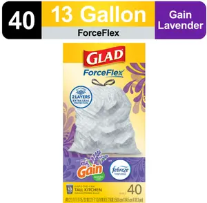 Glad ForceFlex Tall Kitchen Drawstring Trash Bags, 13 Gallon, Gain Lavender with Febreze Freshness, 40 Count