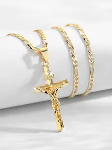 Fashion Hip Hop Jesus Cross Pendant Necklace, Unblemished Copper Plated 14k Gold Christian Classic Charm Jewelry, 24 Inch Flat Chain, Daily Wear Necklace, Cross Design Pendant