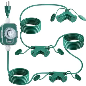 20 FT Outdoor Extension Cord with Timer 6 Outlets, 16AWG SJTW Heavy Duty Green Power Cord with Safety Cover Weatherproof Multiple Outlet Cable for Christmas Halloween Light Outdoor Decorations