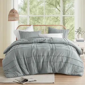 Blue/Grey King Size Comforter - 3 Pintuck Pleated Sets, Lightweight, Extra Softness Pre-Washed Microfiber, Shams, King