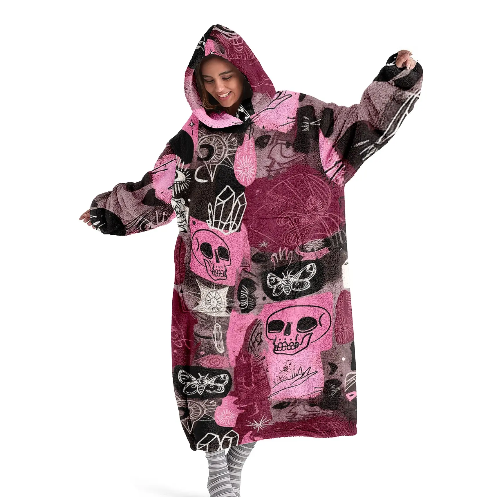 Hooded Blanket Wearable Throw, Skull Print Hoodie Cloak Blanket, Soft Warm Flannel Blanket for Sofa Home Leisure Air Conditioning Nap Office Bed Camping Travel Valentine's Gift