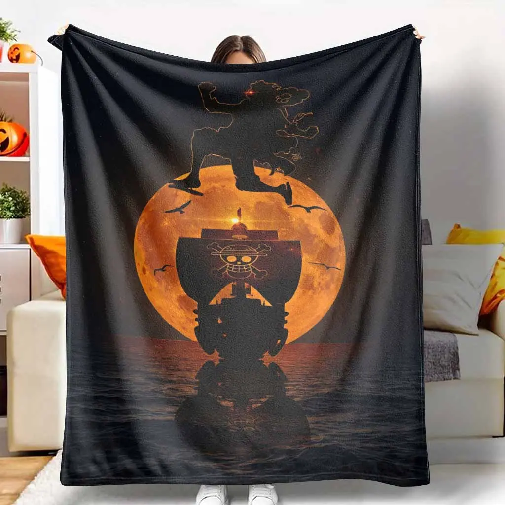 Anime Style Flannel Throw Blanket - Adventure Pirate Ship & Full Moon Silhouette, Decorative, Soft Cozy, Ultra Warm Lightweight, Perfect for Bedding, Camping or Birthday Gifts (Anime Manga Graphic Blankets)
