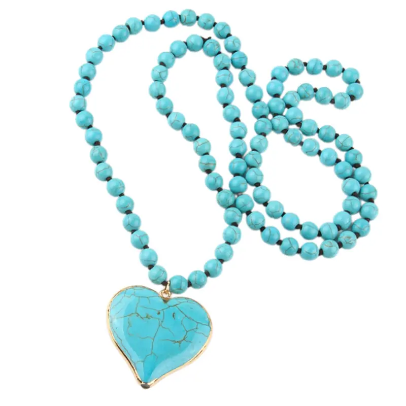 Women's Turquoise Heart Pendant Necklace Ethnic Bohemian Style Sweater Chain