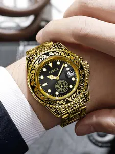 Luxurious Men's Quartz Wristwatch with Floral Gold and Steel Calendar Dial, Rotating Bezel, Comes in Gift Box