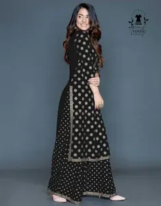 Trendy Black Viscose Rayon Kurta and Pant Set Ready To Wear with Elegant Floral Embroidery Design Long Length