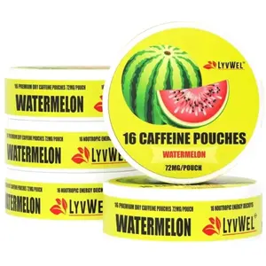 5-PACK 72 MG WATERMELON CAFFEINATED POUCHES-16 pouches Jar. Beverage Energy Sport Drink lyvwel energy pouch Sugar-Free