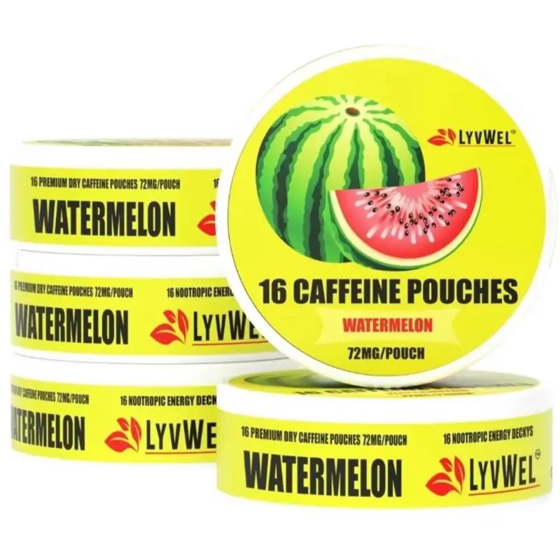 5-PACK 72 MG WATERMELON CAFFEINATED POUCHES-16 pouches Jar. Beverage Energy Sport Drink lyvwel energy pouch Sugar-Free