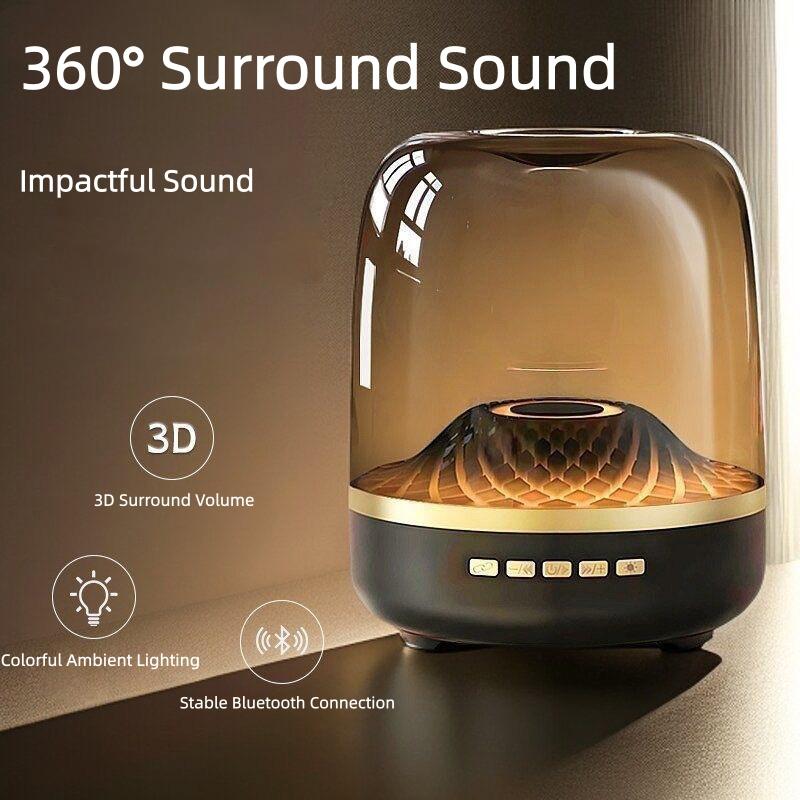 Black and gold Bluetooth speaker, Hi-Res certified, 360° surround sound, 9D deep bass, Bluetooth 5.3, ambient lighting, high-definition vocals, perfect for home theater/gaming and music listening, compatible with all devices