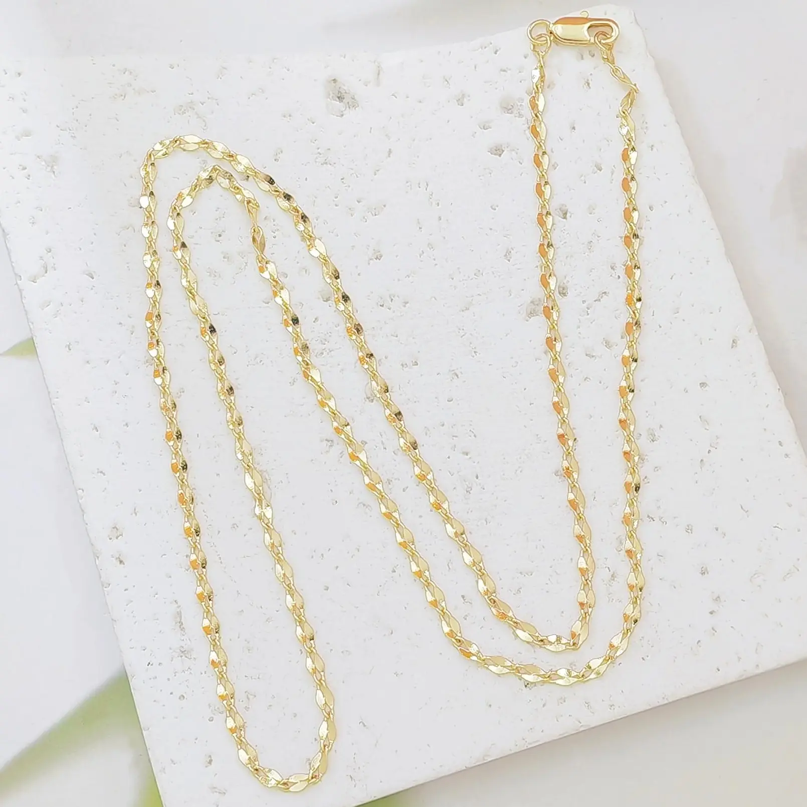 14K Gold Plated Shiny Diamond Flake Chain Necklace, Dainty Sparkly Thin Water Drop Link Layering Choker, Waterproof Tarnish Resistant Stainless Steel Blank Base Chain for DIY Pendants Women Daily Jewelry
