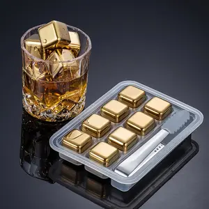 8pcs Metal Whiskey Golden Stones with Silicone Tong Set, Golden Stainless Steel Whiskey Ice Cubes, Golden Reusable Chilling Ice Cubes Wine Chiller for Beer, Vodka, Liqueurs, Sushi, Cocktail Party Bar, Drinks Cooler Set,