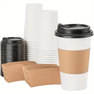 50 Pack 12 oz Disposable Coffee Cups with Lids, Sleeves, Leak-Proof To Go Coffee Cups with Lids, Durable Paper Cups for Hot Beverage, Home, Office, Party