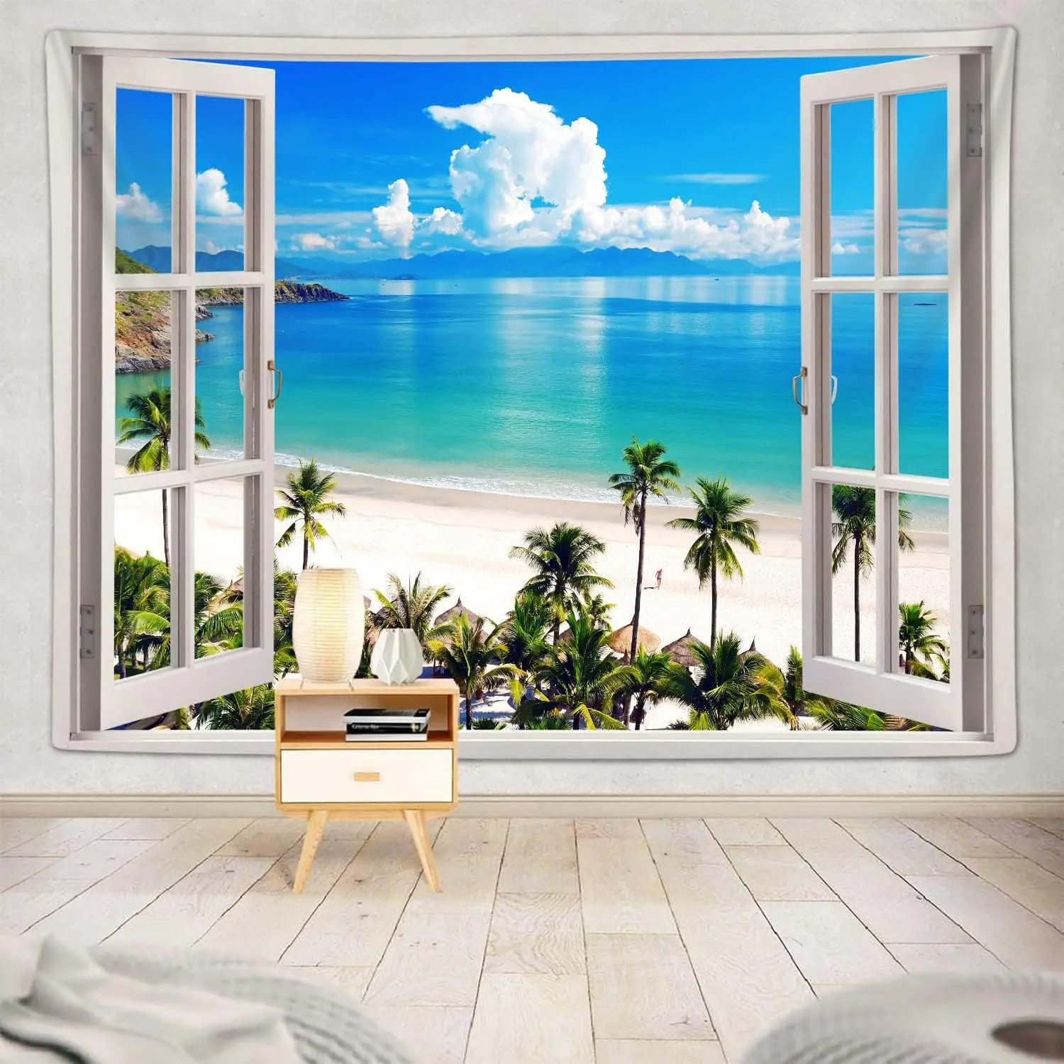 Ocean Beach Tapestry, Hawaii Sea Nature Fake Faux Window Art Tapestries Wall Hanging For Bedroom College Dorm Living Tropical Summer Room Office Decor 60X40" Aesthetic Poster