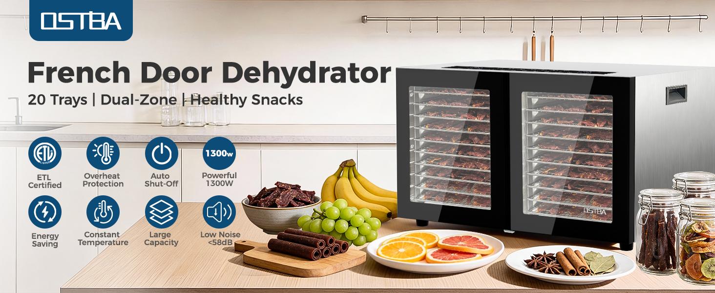 OSTBA Dual Zone Stainless Steel Dehydrator, 20 Stainless Steel Trays, 1300W Dual Layer, 180℉ Adjustable Temp, 48H Digital Timer, 10 Auto Presets, 10 Mesh Sheets, 1300W, for Jerky, Fruit, Home Use, Digital Control, Meal Prep & Batch Cooking
