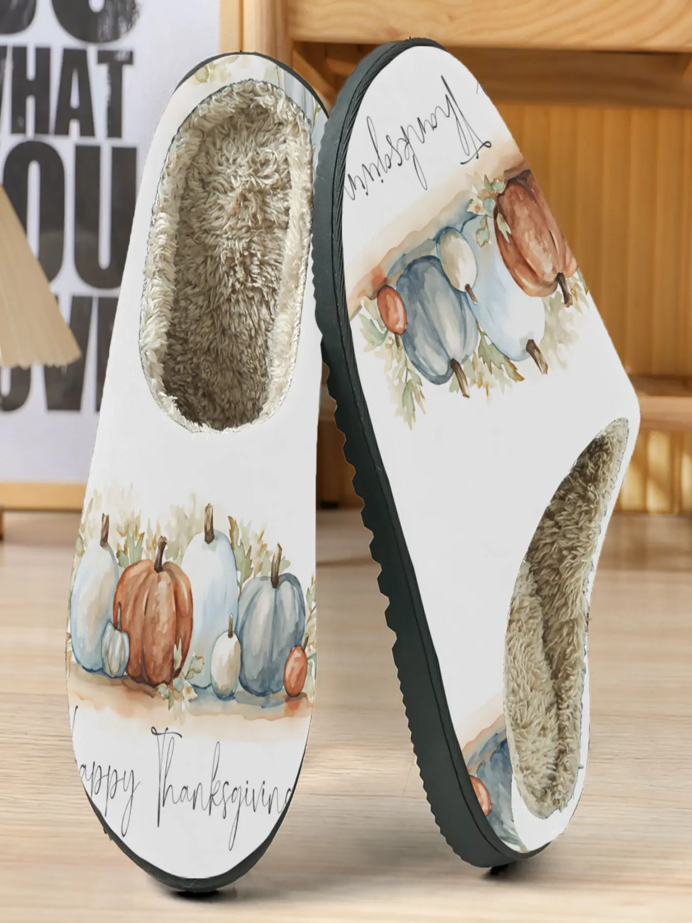 Thanksgiving Theme Cotton Slippers, Base with Watercolor Pumpkin Design, Soft Plush Lining, Casual Fall & Winter Home Wear