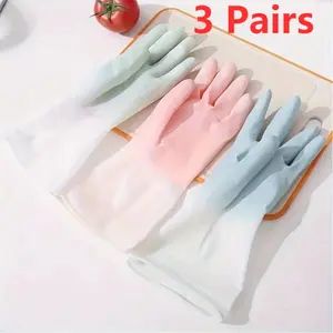 Random Color Household Cleaning Gloves (3 Pairs), Waterproof Kitchen Dishwashing Gloves, Non-slip Housework Gloves, Durable Laundry Washing Gloves, Rubber Gloves, Household Cleaning Supplies, Kitchen Accessories, Household Items
