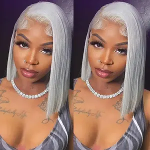 AMZHAIR Glueless Wigs Grey Colored 13x4 HD Lace Frontal Bob Wig for Black Women,Wholesale 180% Density Bone Straight Peruvian Double Drawn Bob Wigs,Cheap Price Short Bob Human Hair Wigs