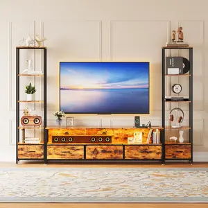 TV Stand for 70" TVs with 2 Five-Tier Bookshelves, Entertainment Center with LED Lights & Power Outlets