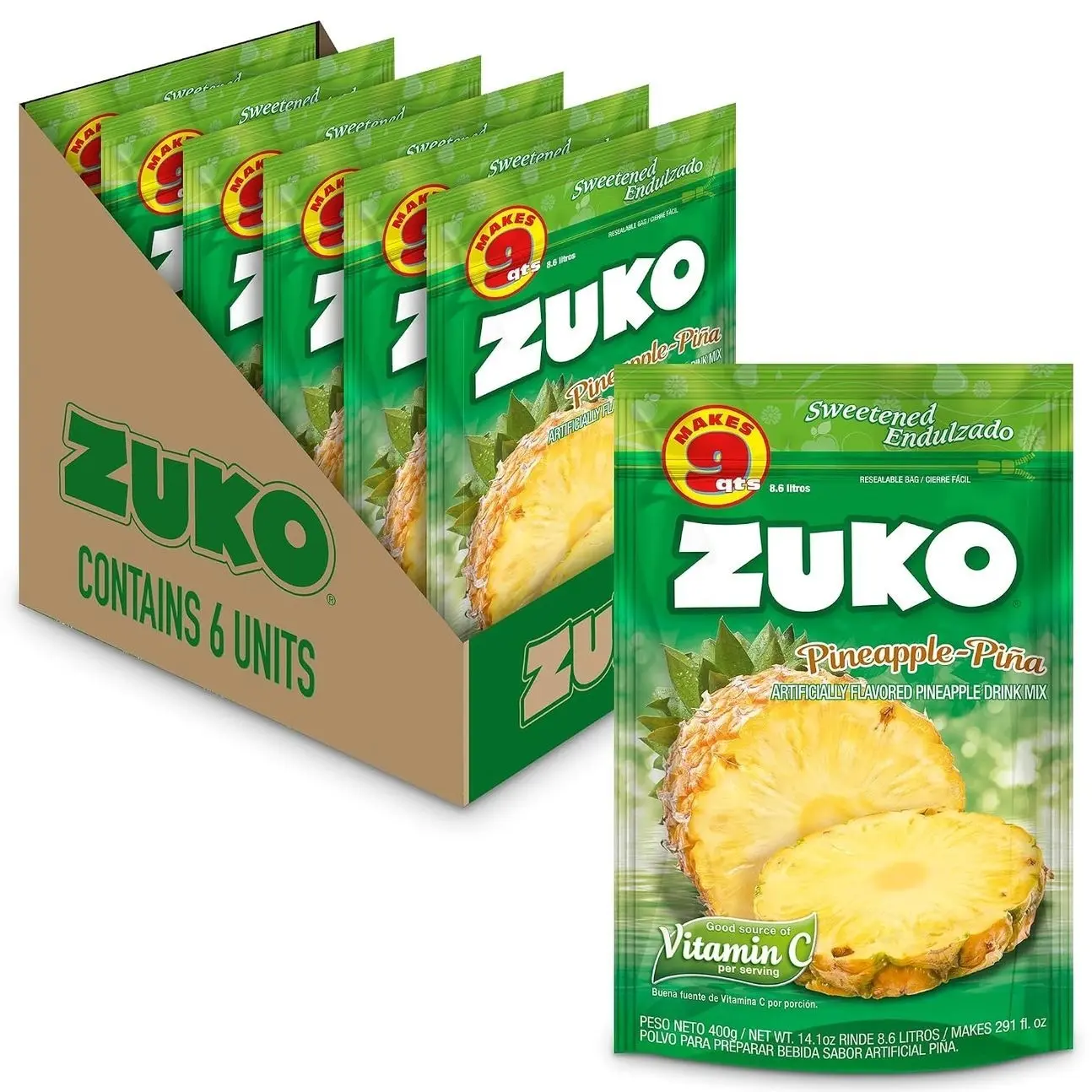 Zuko Pineapple Powdered Drink Mix Family Pack, No Added Sugar Needed, 14.1 oz (Pack of 6)