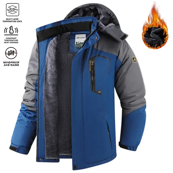Men’s fleece-lined outdoor hardshell hooded jacket—thick, windproof, and warm; winter workwear jacket for hiking and fishing; thick winter fleece outdoor jacket with detachable hood; windproof, waterproof outerwear