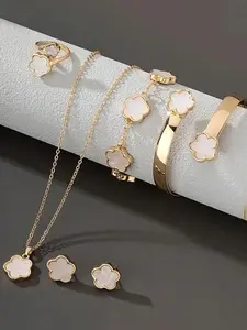 Flower Design Jewelry Set, Fashion Elegant Jewelry for Women, Including Bangle & Pendant Necklace & Earrings & Ring & Bracelet, Trendy All-match & Exquisite Jewelry for Birthday Gift, Fashionable Jewelry Set