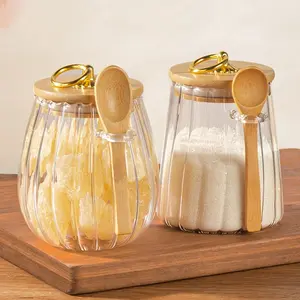 High Aesthetic Glass Sealed Jar with Wooden Spoon, Strong Seal, Ideal for Coffee Beans, Jam, Berries, Biscuits, Kitchen Seasoning Storage