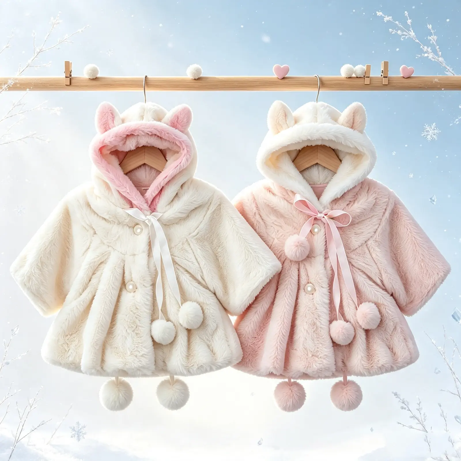 Baby Girl Faux Fur Coat Pearl Button Bow Cute Bunny Ear Hooded Outwear Thick and Warm Jacket