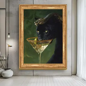Elegant Black Panther and Snake with Martini Canvas Art | Exotic Wildlife Wall Decor | Luxurious Animal Portrait | Dark Green Treasure Print