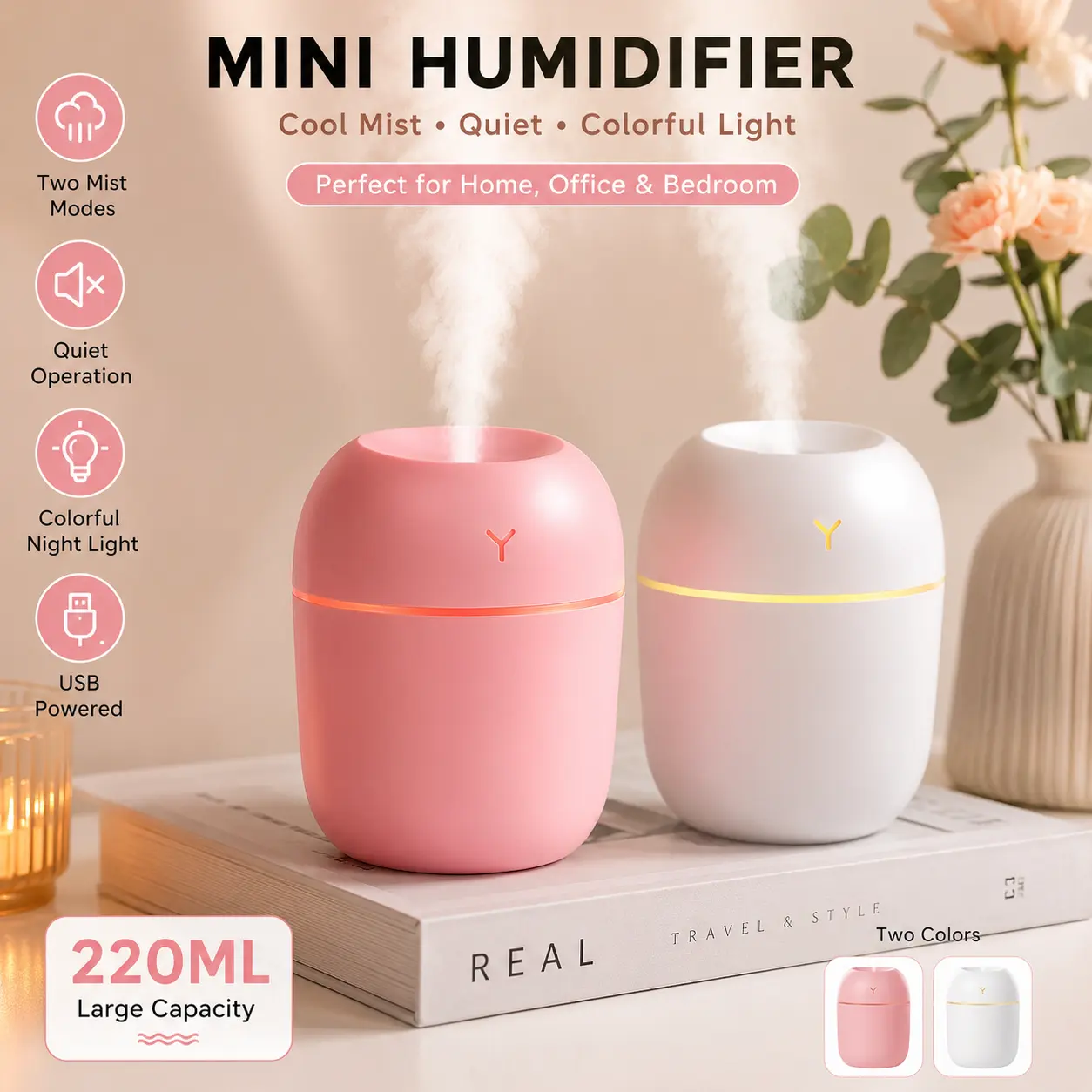 220mL Compact Egg Mini USB Humidifier - Single Unit with Colorful Light, 2 Mist Modes, Quiet Mist Output, Indoor Desktop Humidifier for Bedroom, Office, Mini Humidifier, Indoor Use