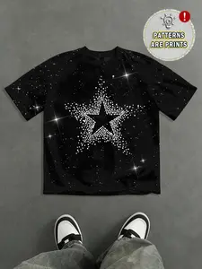 Men's Loose Fit Fashion Print T-Shirt, Silver Color Rhinestone Craft, Polka Dot Star Pattern, Casual Daily Wear, Unisex Street Style