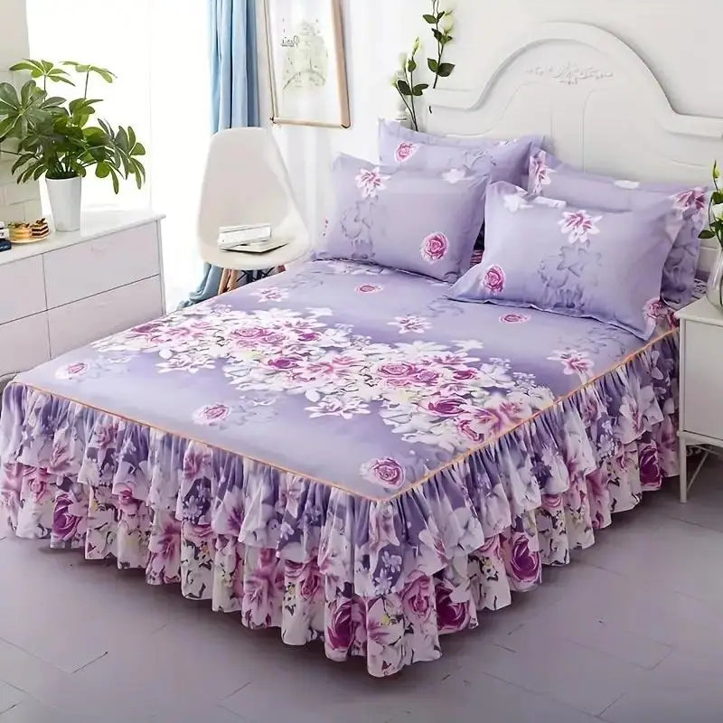 Room Decor Floral Print Ruffled Edge Bed Skirt Set, Including 1 Count Bed Skirt & 1/2 Counts Pillowcase Without Filler, Bedroom Accessories