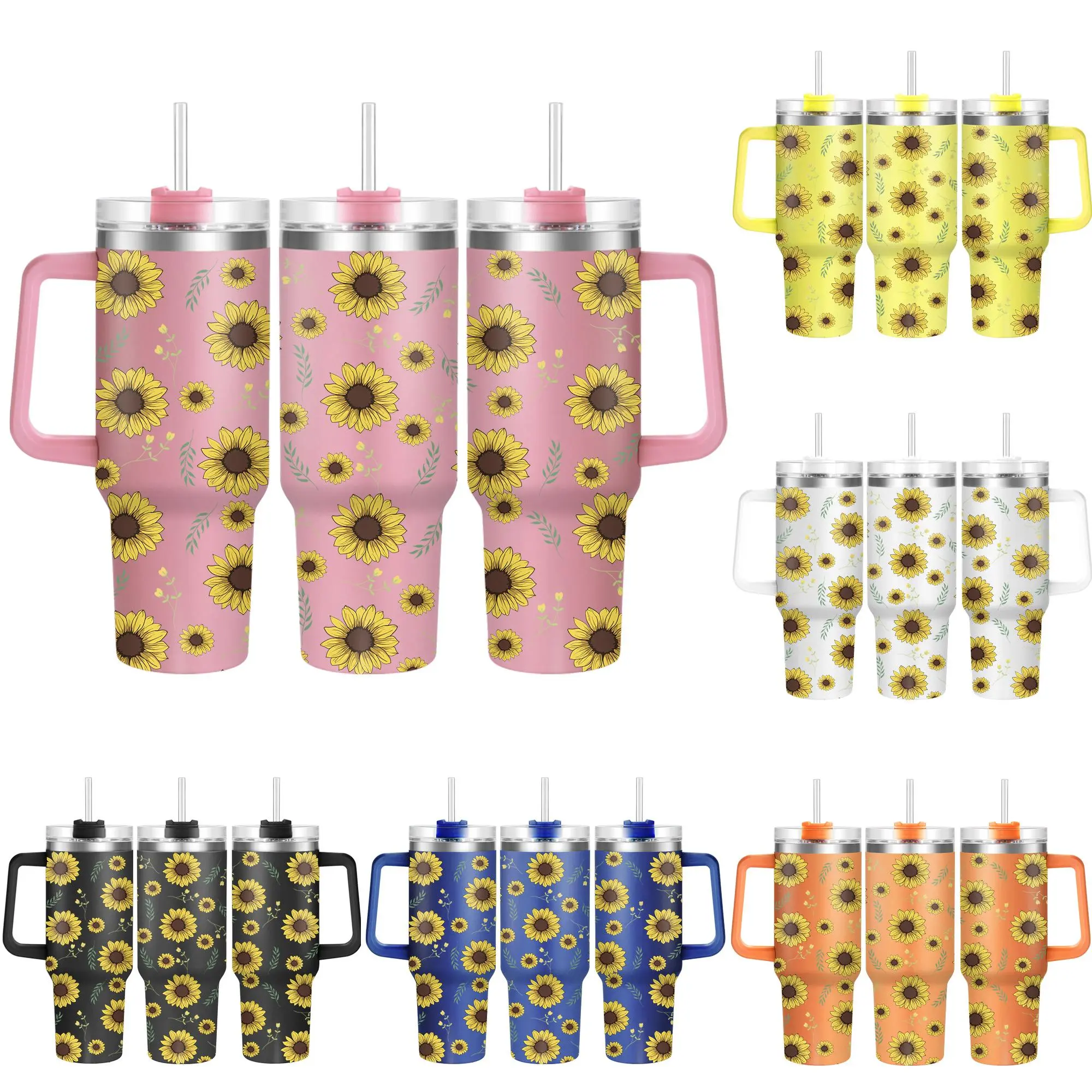 Sunflower Pattern Tumbler, 1 Count 40oz Stainless Steel Water Bottle with Straw & Handle, Drinking Cup for Home Office School Outdoor Camping, Drinkware