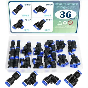 36PCS 1/4"OD Push to Connect Fittings Kit Quick Connect Air Hose Fittings 1/4"OD Pneumatic Kit 8 Spliters+10 Elbows+8 Tee+10 Straight Air Line Fittings