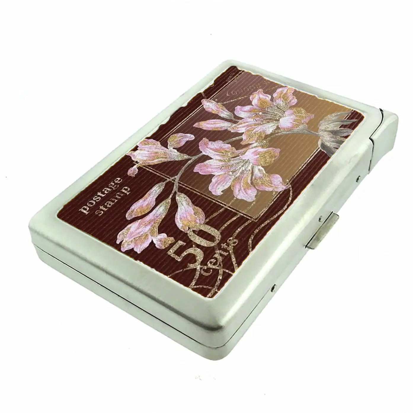 100'S SIZED Vintage Style Postage Stamp Metal Case Wallet with Built in Lighter