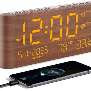 8.7-Inch Digital Alarm Clock with Day, Month, Year, Humidity & Temperature Display, Snooze, 2 Alarms & USB Chargers for Bedroom