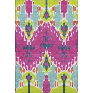HomeRoots 663015 8 x 10 ft. Pink Green & Teal Ikat Washable Machine Made Rectangle Area Rug with UV Protection