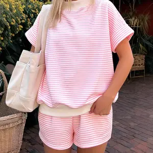 2026 Summer New Women's Striped Color Block Two Piece Outfit, Simple Casual Matching Set with Pockets