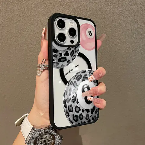 Magnetic Magsafe-Ready Cellphone Cover, Ultra-Thin Shockproof Impact-Resistant Accessory for iPhone 11/12/13/14/15/16/17 Pro Max, Leopard Print 8-Ball Art Cute Accessories for Girls