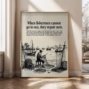 When Fishermen Repair Their Nets Wall Art, Motivational Quote Print, Vintage Nautical Poster, Work Ethic Office Decor