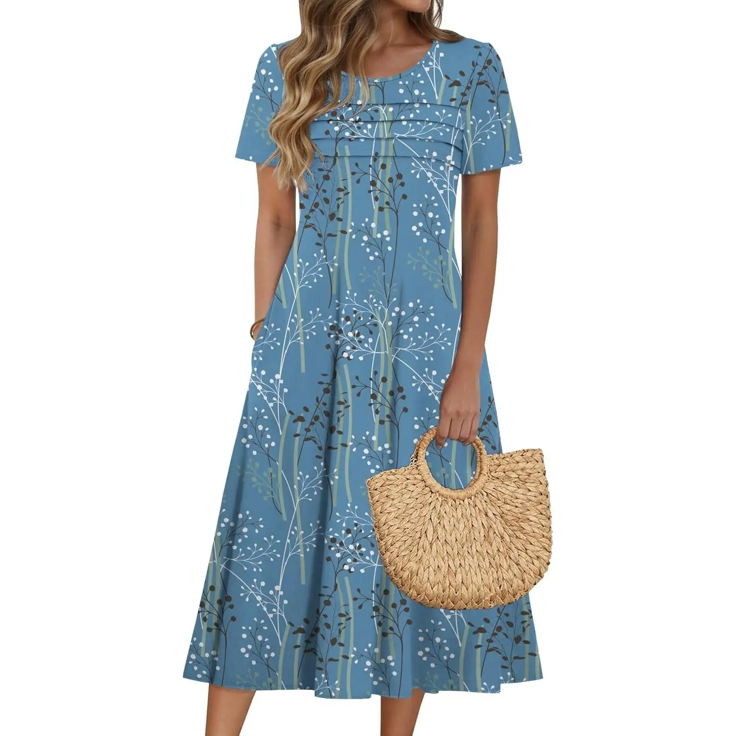 Womens Casual Dresses for Summer Short Sleeve Flare Midi Dress Loose Beach Sundress Pleated Front Dress with Pockets