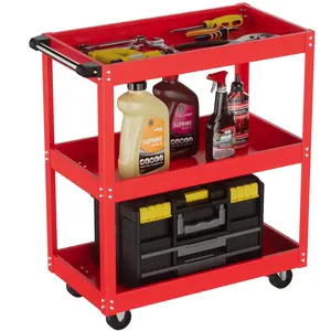 330 LBS Rolling Tool Cart, 3 Tier Heavy Duty Utility Organizer with Wheels, Metal Service Cart for Garage Workshop, Red Racks Industrial Grade Design