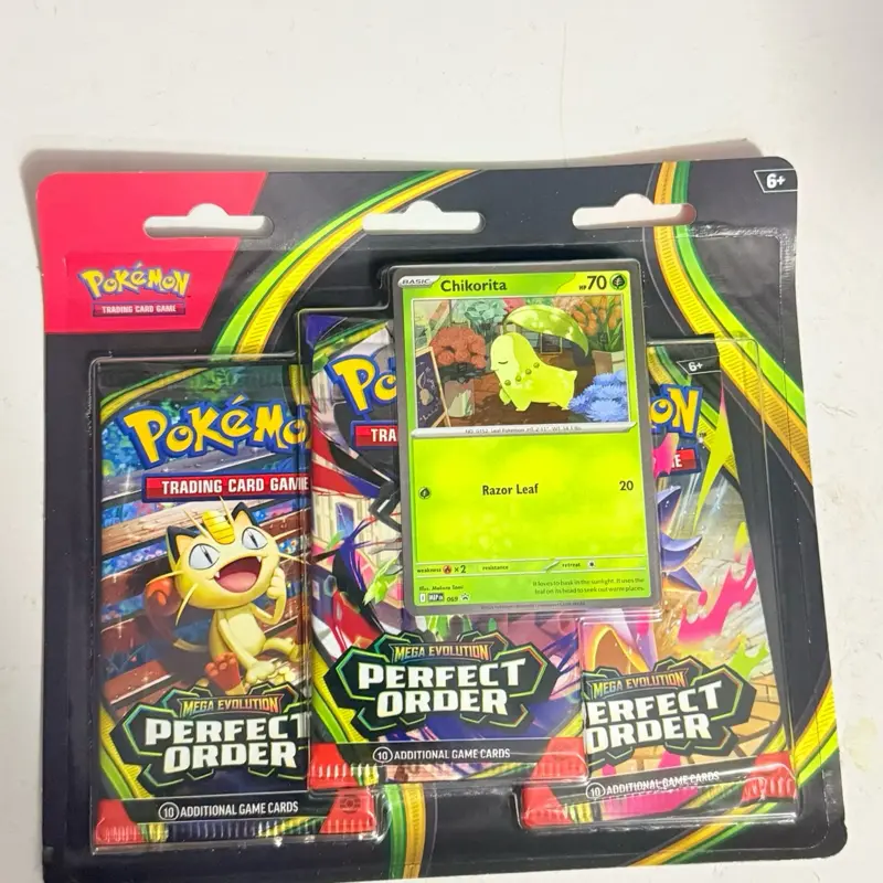 2026 Pokemon Mega Evolution Perfect Order 3-Pack Blister, Chikorita Promo Card