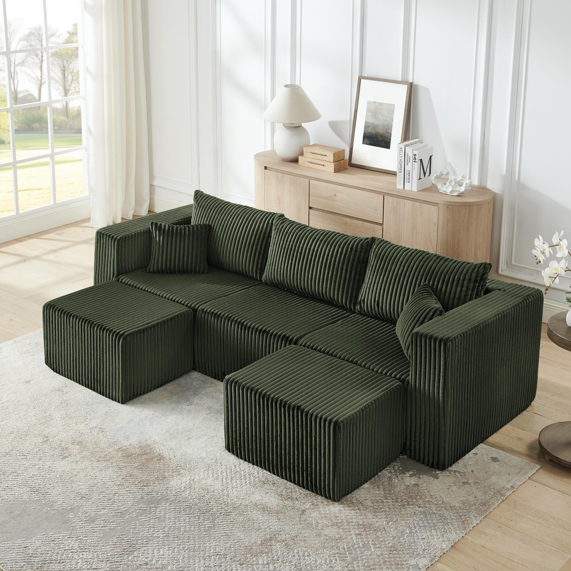 Niccae Small-Scale U-Shaped Compact Modular Sectional Sofa — Textured Corduroy Fabric, Modern Minimalist Style, Ultimate Comfort, Space-Saving, No Assembly Required, Convertible to Bed, Living Room Sofa