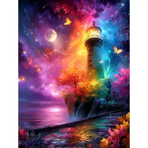 Large Framed Diamond Painting Suitable for Beginners- Starry Sky Lighthouse Artwork with Round 5D Diamonds, Complete DIY Mosaic Art, Wall Decor Gift, Handcrafted Rhinestone Picture