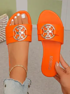 Classic Round Buckle Decorated Sandals, Multi-Color, Casual Wear Women's Shoes, All Seasons, Rubber Sole, PU Upper